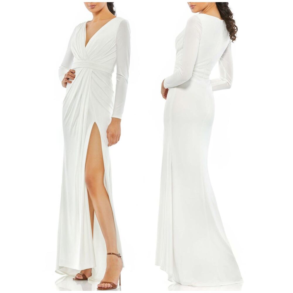 Mac Duggal NWT V-Neck Long Sleeve High Slit Jersey Gown White Size 4 *Dust Marks